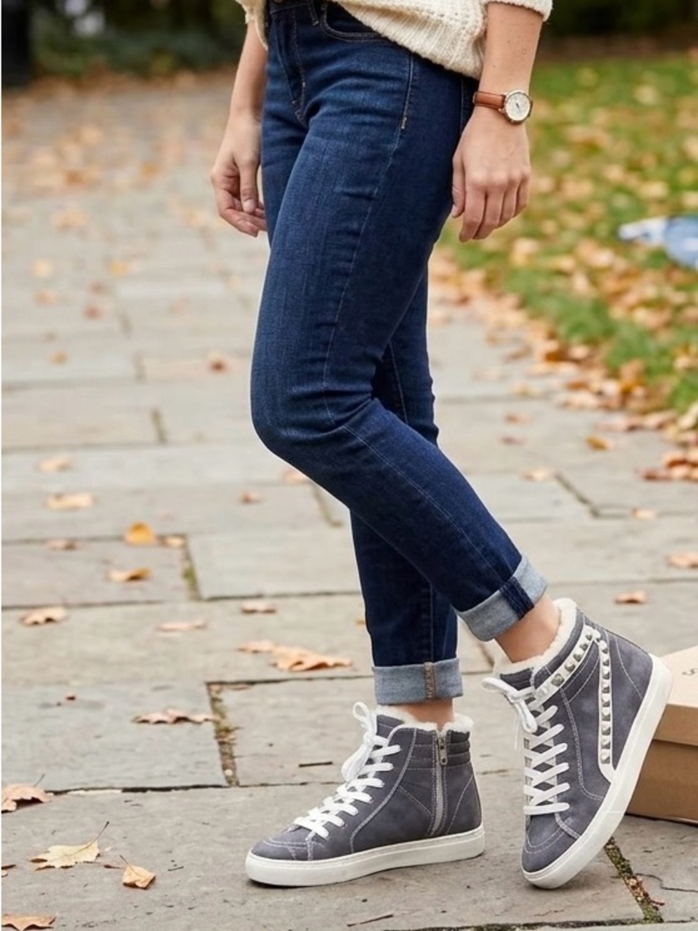 Steve Madden Tracey-F High Top Sneakers Faux Fur Lined Studded Blue Suede